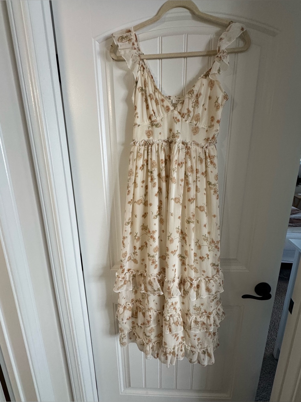 Cream Floral Ruffled Midi Dress - Picture 1 of 3